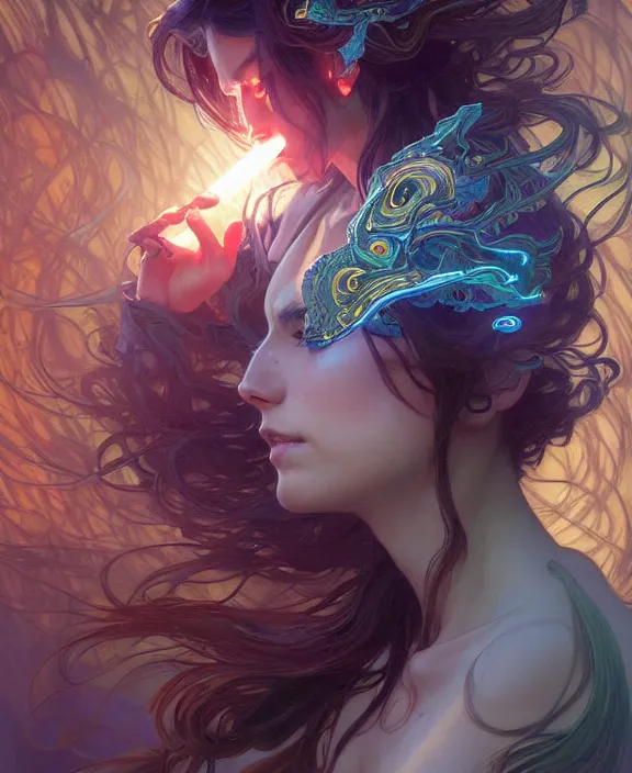 Image similar to a whirlwind of souls ushing inside the metaverse, half body, glowin eyes, d & d, fantasy, intricate, elegant, highly detailed, colorful, vivid color, digital painting, artstation, concept art, art by artgerm and greg rutkowski and alphonse mucha and ruan jia