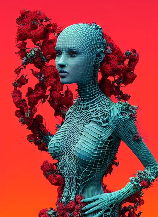 Image similar to hyper detailed 3d render like a sculpture - profile subsurface scattering (a beautiful fae princess protective playful expressive from that looks like a borg queen wearing a sundress made of flowers) seen red carpet photoshoot in UVIVF posing in caustic light pattern pool of water to Eat bite of the Strangling network of yellowcake aerochrome and milky Fruit and His delicate Hands hold of gossamer polyp blossoms bring iridescent fungal flowers whose spores black the foolish stars by Jacek Yerka, Ilya Kuvshinov, Mariusz Lewandowski, Houdini algorithmic generative render, golen ratio, Abstract brush strokes, Masterpiece, Victor Nizovtsev and James Gilleard, Zdzislaw Beksinski, Tom Whalen, Mark Ryden, Wolfgang Lettl, hints of Yayoi Kasuma and Dr. Seuss, Grant Wood, octane render, 8k, maxwell render, siggraph