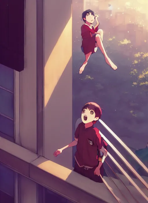 Image similar to boy shouting at the girl above on the balcony, illustration concept art anime key visual trending pixiv fanbox by wlop and greg rutkowski and makoto shinkai and studio ghibli