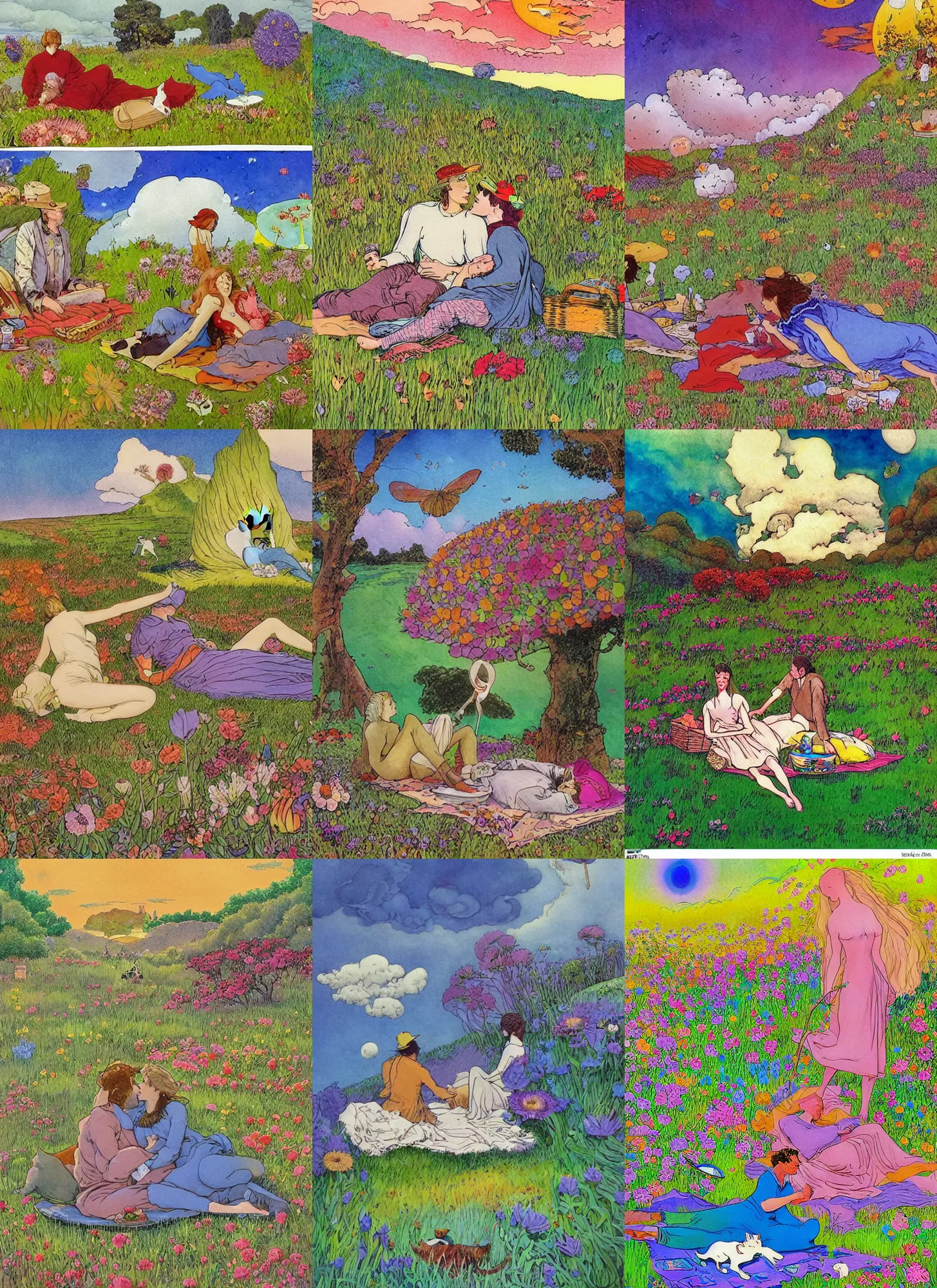 Image similar to late morning picnic scene in nature, a couple in love, fields of colorful flowers, clouds, a sleeping cat, by moebius, by jean henri gaston giraud, by jean gir, in the style of the world of edena by moebius, psychedelic fantasy and surrealism, watercolor with perfect pen outlines