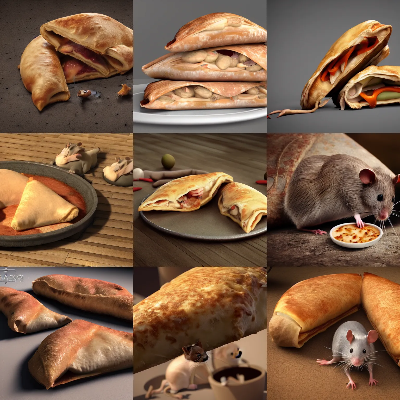 Prompt: rats in calzone land, octane render, detailed