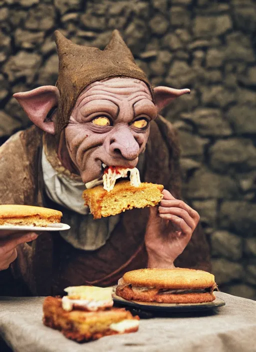 Image similar to closeup portrait of a medieval goblin eating cakes in the cloisters, depth of field, zeiss lens, detailed, symmetrical, centered, fashion photoshoot, by Annie Leibovitz and Steve McCurry, David Lazar, Jimmy Nelsson, Breathtaking, 8k resolution, extremely detailed, beautiful, establishing shot, artistic, hyperrealistic, beautiful face, octane render