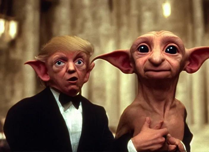 Prompt: Donald Trump as Dobby in Harry Potter, 35mm film