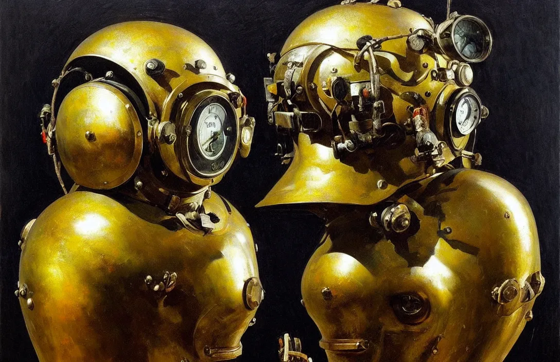 Image similar to portrait of deep sea diver helmet!!!!!!!!!!!!!!!!!!!!!!!!!!!, detailed face, detailed painting, epic lighting, by ilya repin, phil hale and kent williams