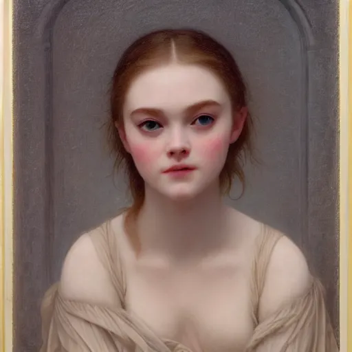 Prompt: A masterpiece head and shoulders portrait of Elle Fanning in front of a nightly bonfire by William Adolphe Bouguereau and Junji Ito