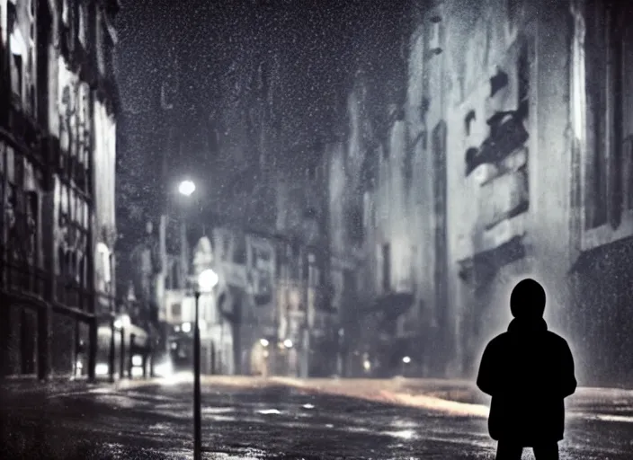 Prompt: boy from the back with a black hoodie staing at a white glowing angel in the sky, empty city street at night where there are only cars parked, heavy rain, dramatic lighting, cinematic, cinematic lighting, post processed