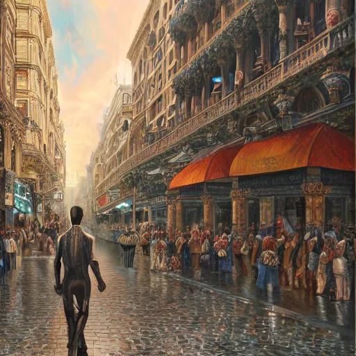 Image similar to humanoid reptilian man walks through the center of a city, extremely detailed oil painting, 1 9 2 0's colored pencil, highly detailed, highly accurate, deep aesthetic, 8 k, highly ornate intricate details, cinematic lighting, rich colors, beautiful scenic view, ray tracing, hyperrealistic, photorealistic, cinematic landscape, trending on artstation, concept art,