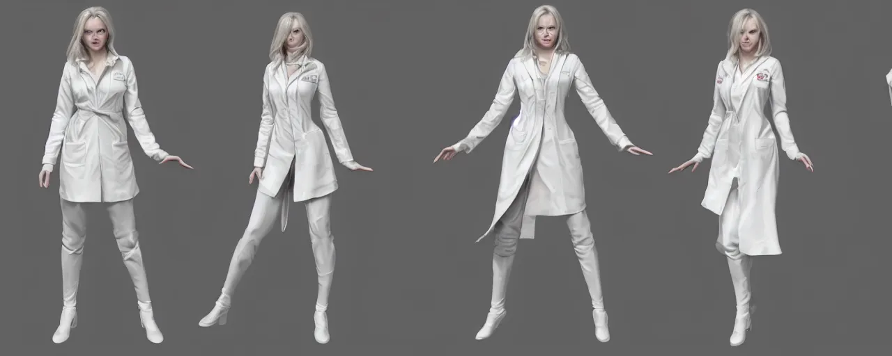 Image similar to character design, reference sheet, gaunt, a beautiful and elegant young lady like Jeniffer, doctor's white coat, concept art, photorealistic, hyperdetailed, 3d rendering , art by Leyendecker and frazetta,