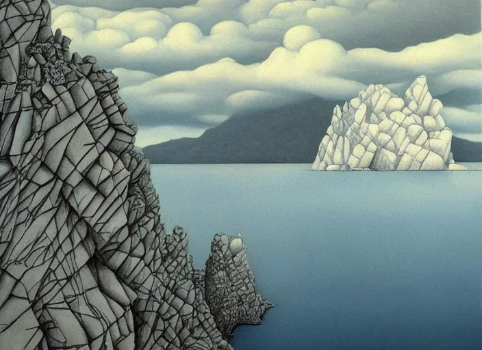 Image similar to rocky cliffs with a cloud lake, painting by mc escher, very detailed, illusion, surreal!!!, trending on artstation, beautiful color art