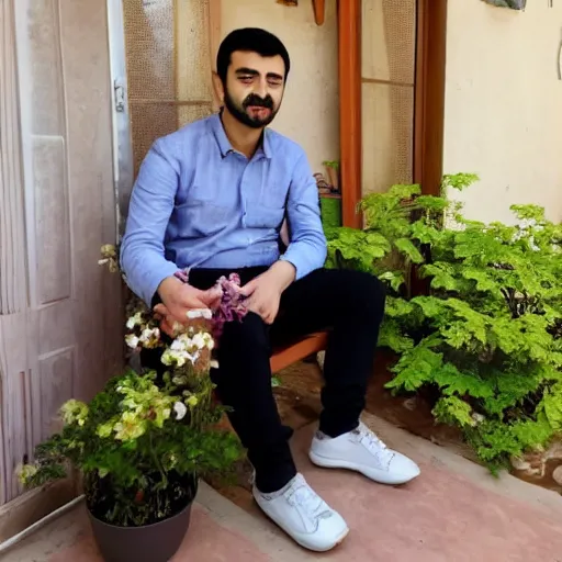 Image similar to sumeyye aydogan, duy beni serial, sitting on the porch holding a flower, in front of the house