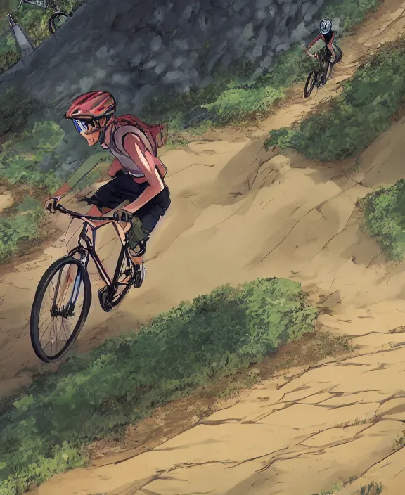 Image similar to an anime drawing of a mountain biker shredding a berm, 4k resolution, detailed, trending on artstation