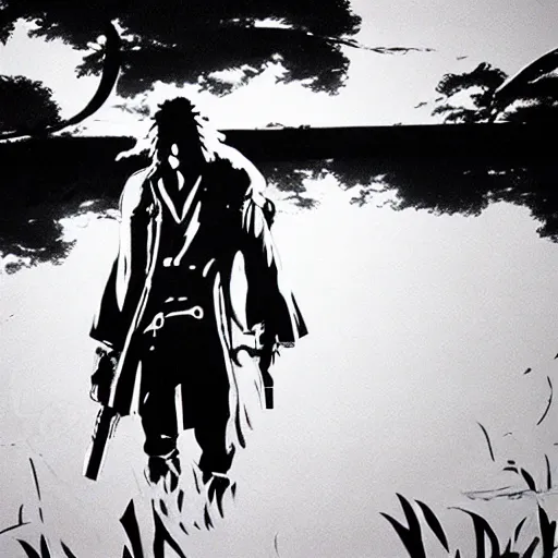 Image similar to snake from metal gear solid dressed as afro samurai, 35mm grainy film photography