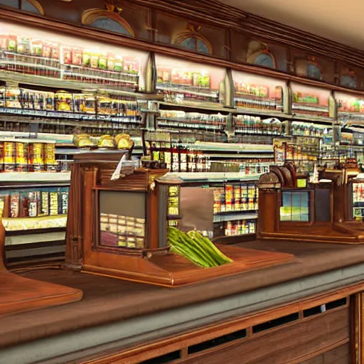 Image similar to the inside of a 1 9 2 8 grocery store with a national cash register from 1 9 0 4 on the desk. hyper - realistic, realistic color 3 d render