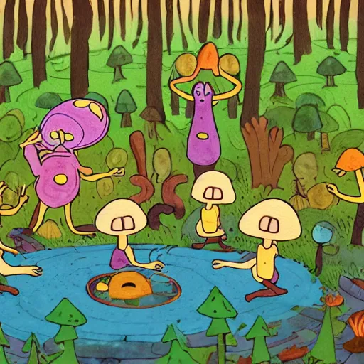 Prompt: little mushroom people with limbs and smiley faces dancing in the middle of the woods. cartoon. adventure time. midnight gospel. created by duncan trussell. children's book illustration. painted with watercolor. highly detailed. dancing by campfire. woods. clearing. mushroom people dancing in a circle. fairy garden circle.