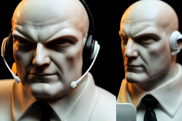 Image similar to a marble sculpture of agent 4 7 from hitman wearing headphones