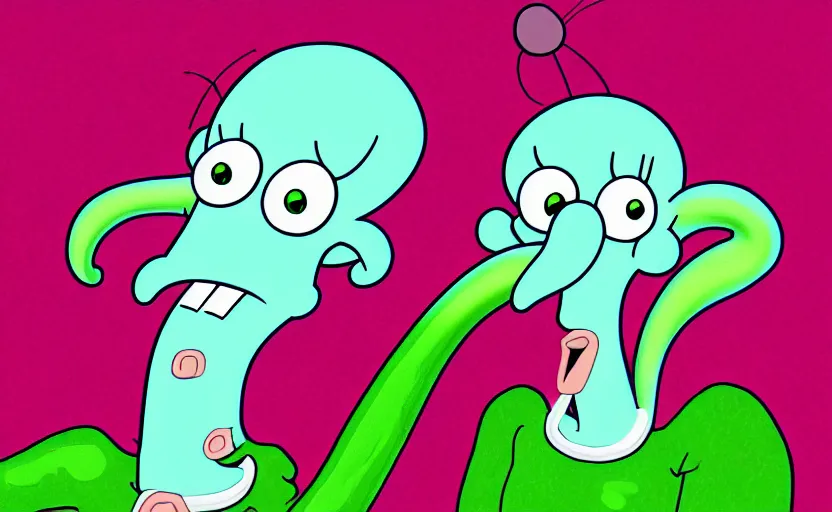 Image similar to squidward from spongebob on acid, digital painting