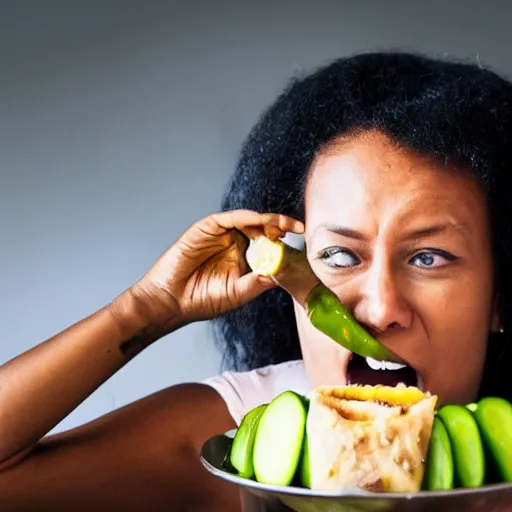 Prompt: a photo of a person unable to eat a pickle properly