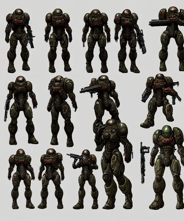 Image similar to 2 d shooter game concept art sprite sheet!!!, doom slayer concept art, hyperrealism, fine detail, 8 k, 3 d render, artgerm, artstation contest winner, cgsociety, cryengine, zbrush, vray, no background