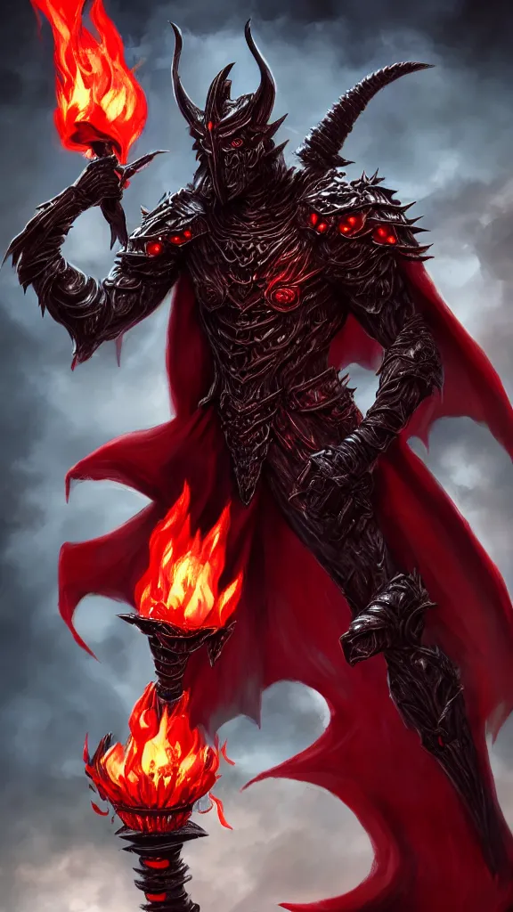 Image similar to male demon holding a flame sword, black metallic armor, red cape, detailed arms, intricate black armor, two arms, two legs, detailed fanart, rpg art, d&d art, macro art, digital art, DeviantArt, artstation, 8k HD