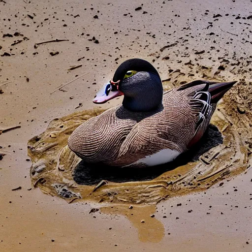 Prompt: dry mud. with duck. realistic photo. masterpiece. dirt.