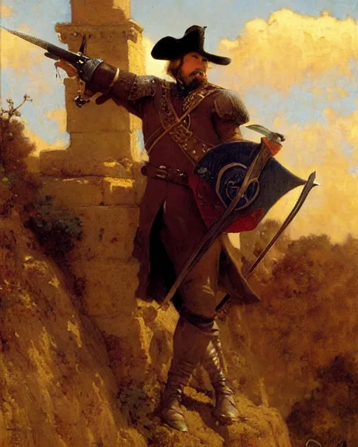 Prompt: attractive musketeer watches an army approach, he is on a castle wall, painting by gaston bussiere, craig mullins, j. c. leyendecker