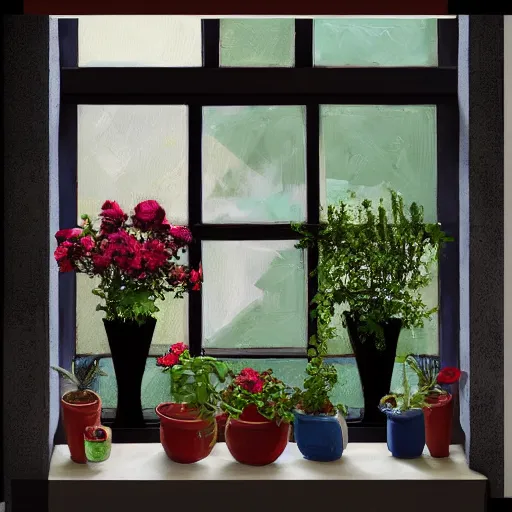 Image similar to The image would feature a windowsill with two vases, one containing a red rose and the other containing a blue violet. The natural light from the window would be shining in on the scene. Trending on artstation