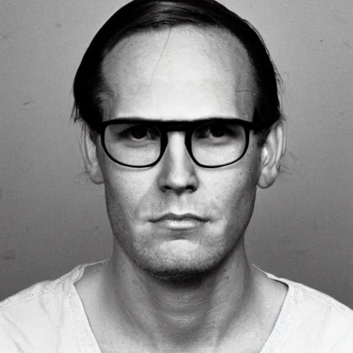 Prompt: A mugshot portrait of a man who looks like Jerma985 with short length wavy hair and a slightly receded hairline and a side part, has navigator glasses and wearing mid 1980s menswear in the late 1980s, taken in the late 1980s, grainy, realistic, hyperrealistic, very realistic, highly detailed, very detailed, extremely detailed, detailed, trending on artstation, front facing, front view, headshot and bodyshot, detailed face, very detailed face