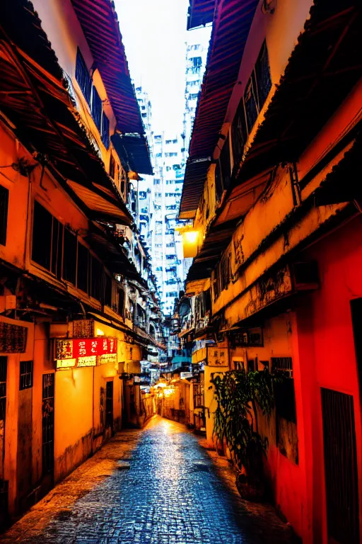 Prompt: an interior view of an old walled city in Hong Kong, colorful, dated and old, dark moody lighting, night, very detailed, photoreal, 8k, canon 20mm lens