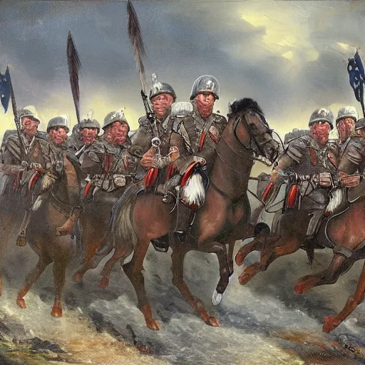 Image similar to found footage of general boris johnson leading his men into battle, glorified image, 8k, oil painting