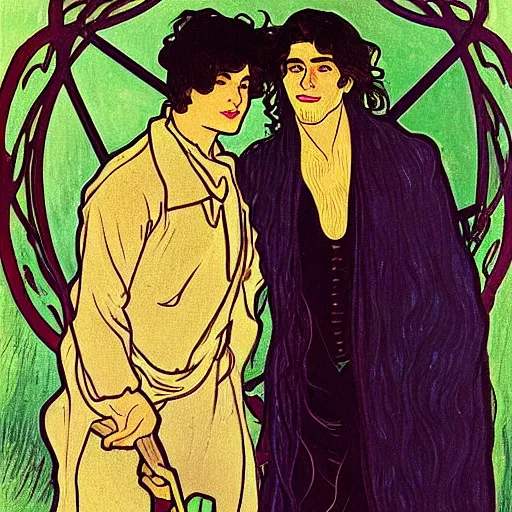 Image similar to painting of young handsome beautiful dark medium wavy hair man in his 2 0 s named shadow taehyung and cute handsome beautiful min - jun together at the halloween witchcraft party, bubbling cauldron, casting spells, autumn colors, elegant, ritual, stylized, soft facial features, delicate facial features, art by alphonse mucha, vincent van gogh, egon schiele