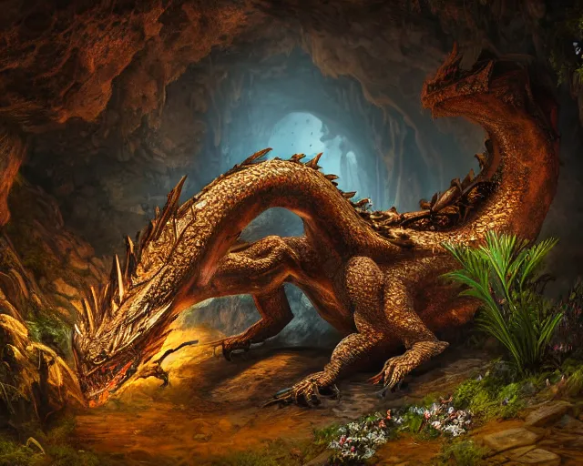 Image similar to Giant Dragon resting in a cave, natural light, dead plants and flowers, elegant, intricate, fantasy, atmospheric lighting, by Peter Morhbacher, HD, highly detailed, 8k