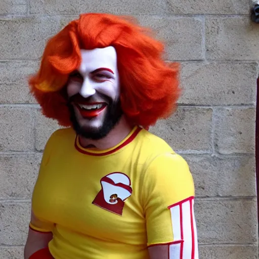 Image similar to Gigachad dressed as Ronald McDonald