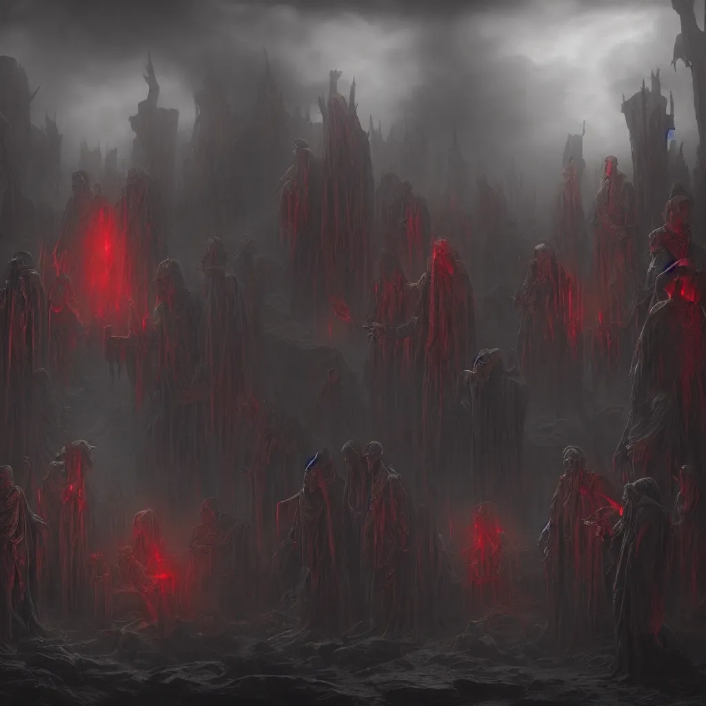 Image similar to matte painting members of a blood cult summon a deity, dark and mysterious, atmospheric, ominous, eerie, cinematic, cinematic, 4k, ultra detail, ultra realistic