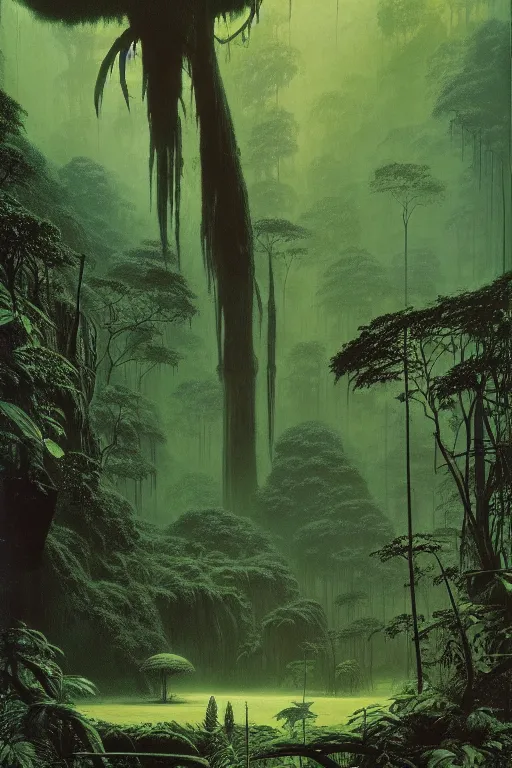 Image similar to emissary green endor jungle ( designated : ix 3 2 4 4 - a ) by arthur haas and bruce pennington and john schoenherr, cinematic matte painting, 8 k, dark color palate