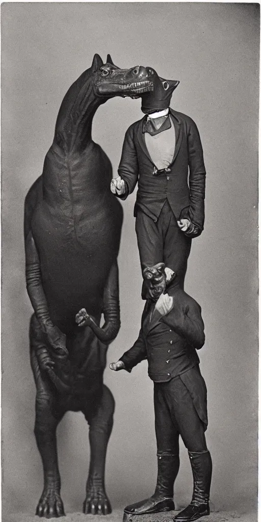 Image similar to t rex and a horse wearing high heels shaking hands. Business men, anamorphic, strange, black and white, photograph, 1850s