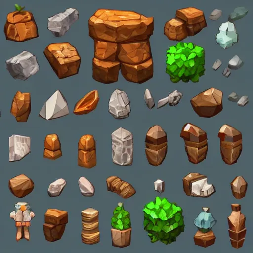 Prompt: Set of high quality HD sprites, low poly, vegatation, stones, tools, monuments