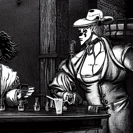 Image similar to the bartender tells the client a story about how he was robbed by a clown a medieval town in the style of kentaro miura, 4 k, 8 k, absolute detailing of even the smallest details and particles, beautiful shadows, beautiful art, black and white drawing