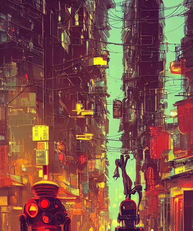 Image similar to big red robot waiting in street from paris or neo tokyo , humid ground, people and creatures walking holding neon ombrellas, volumetric light, bokeh light from top, science fiction elements, rainy mood, artstation, art by françois schuiten and moebius and pascal campion