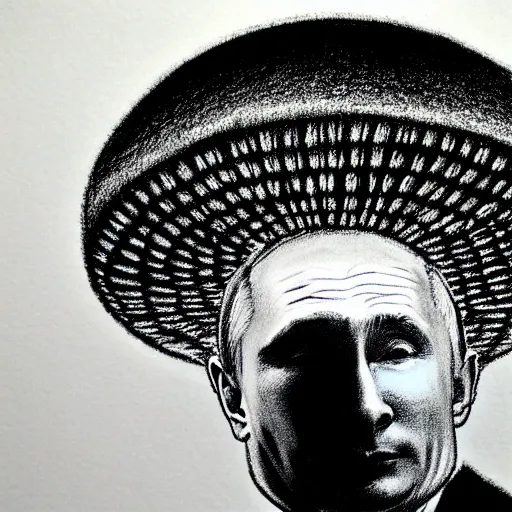 Image similar to vladimir putin wearing a nuclear mushroom cloud blast for a hat, cartoonish, ultra detailed pencil drawing, medium distance