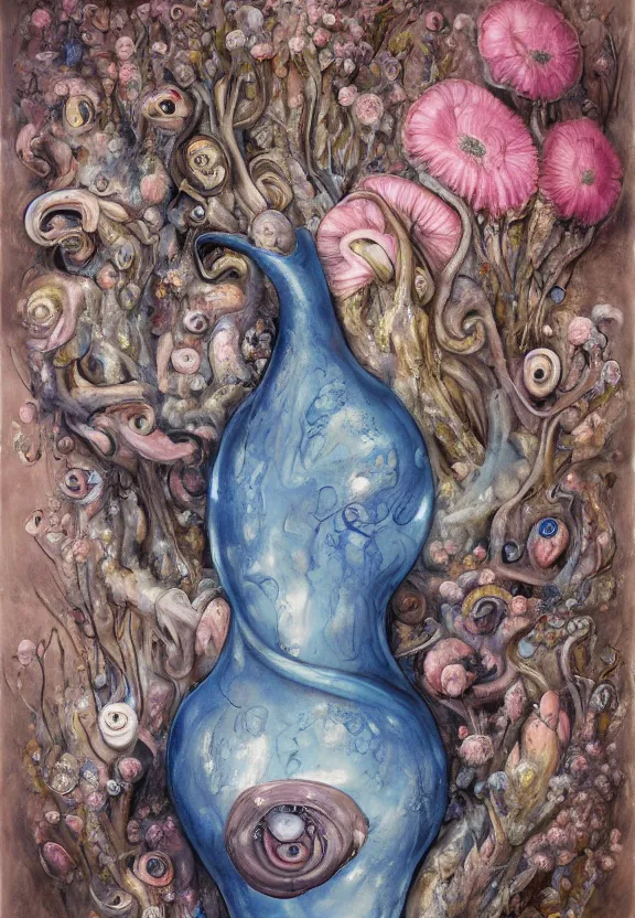 Image similar to a biomorphic painting of a vase with flowers and eyeballs in it, a surrealist painting by marco mazzoni, by dorothea tanning, pastel blues and pinks, blue oyster mushrooms, featured on artstation, metaphysical painting, oil on canvas, fluid acrylic pour art, airbrush art, seapunk, rococo, lovecraftian