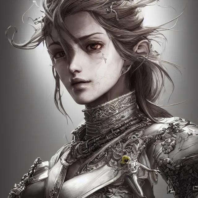 Image similar to the portrait of neutral evil fallen female knight vagabond as absurdly beautiful, gorgeous, elegant, sophisticated, woman, an ultrafine hyperdetailed illustration by kim jung gi, irakli nadar, intricate linework, bright colors, octopath traveler, final fantasy, unreal engine 5 highly rendered, global illumination, radiant light, detailed and intricate environment