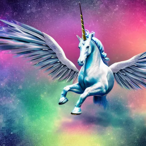 Image similar to 8 k capture scan of a iridescent unicorn with wings dancing in a garbage dump, the sky has the milky way, high textured, conceptual, photorealistic, illustration sharp