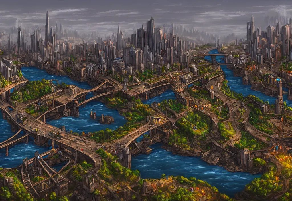 Prompt: wide shot, establishing shot of a modern day dungeons and dragons city with a river, trending on artstation, digital art, 4 k, 8 k