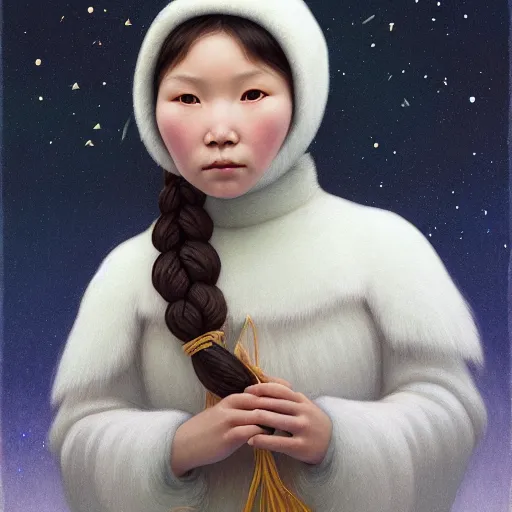 Prompt: a ultradetailed beautiful painting of a inuit canadian girl by hsiao ron cheng, ngai victo, nivanh chanthara jean delville wlop and dougherty patrick, trending on artstation, alaska, light sparkles, major arcana sky, sharp focus, soft light