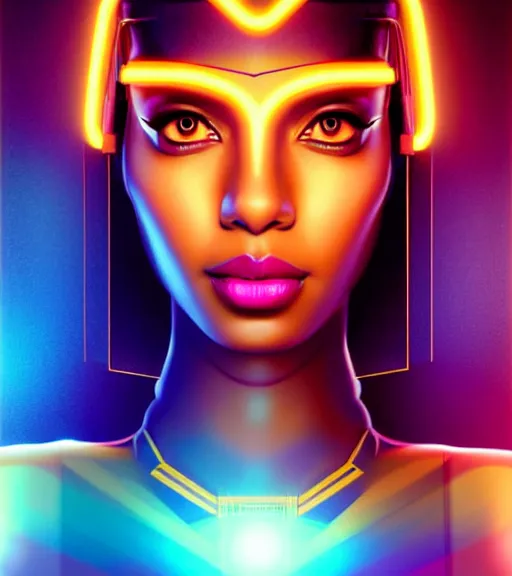 Image similar to symmetry!! egyptian princess of technology, solid cube of light, hard edges, product render retro - futuristic poster scifi, lasers and neon circuits, brown skin gorgeous egyptian princess, intricate, elegant, highly detailed, digital painting, artstation, concept art, smooth, sharp focus, illustration, dreamlike, art by artgerm