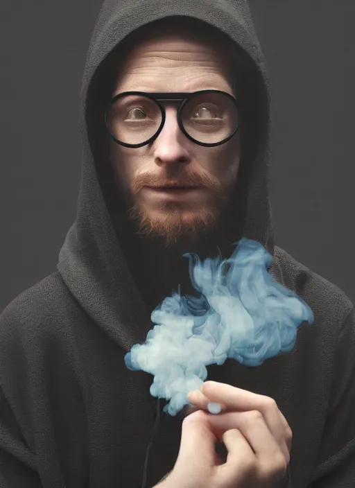 Image similar to an anthropomorphic beautiful male scientist portrait blowing smoke wearing black hoodie robe, binocular, fine art, award winning, intricate, elegant, sharp focus, octane render, hyperrealistic, wizard hat cinematic lighting, highly detailed, digital painting, 8 k concept art, art by jamie hewlett and z. w. gu, masterpiece, trending on artstation, 8 k