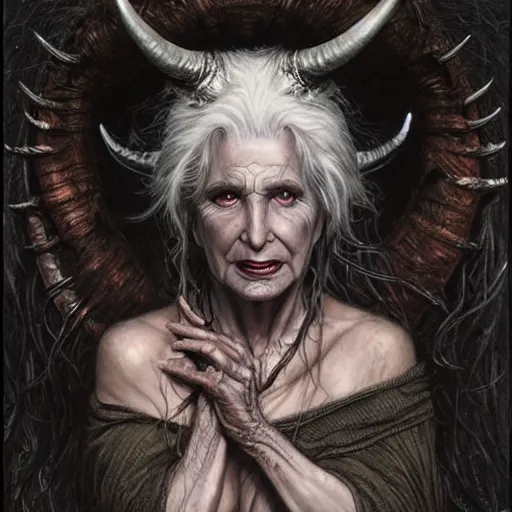 Image similar to head and shoulders portrait of an evil, black - skinned, horned night hag portrayed by olympia dukakis, d & d, fantasy, luis royo, magali villeneuve, donato giancola, wlop, krenz cushart