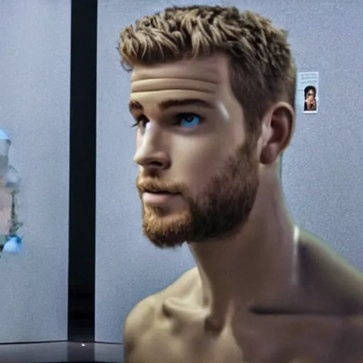 Image similar to “ a realistic detailed photo of a guy who is an attractive humanoid who is half robot and half humanoid, who is a male android, actor liam hemsworth, shiny skin, posing like a statue, blank stare, at the museum, on display ”