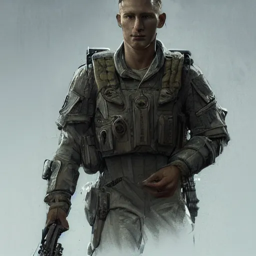 Prompt: portrait of a man by greg rutkowski, alexander ludwig as a colonial marine from aliens franchise, he is about 3 0 years old, military composure, wearing the tactical gear of the colonial marines, highly detailed portrait, digital painting, artstation, concept art, smooth, sharp foccus ilustration, artstation hq