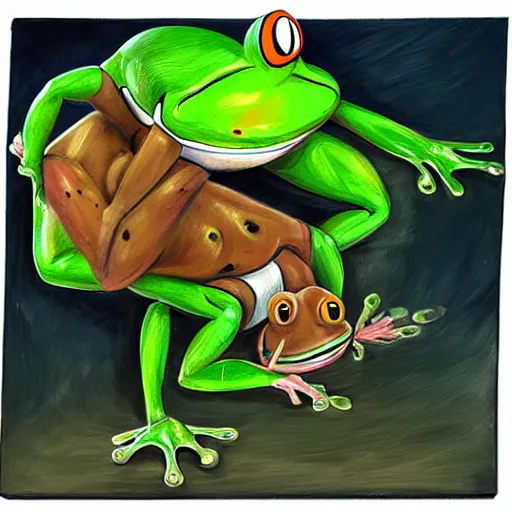 Image similar to a muscular anthro frog character suplexing an anthro toad character in a makeshift wrestling ring, dynamic, oil painting, cartoon, very detailed